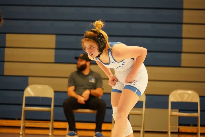 Sophomore Avery Clinton squares up to face her opponent at the Blue and White on Friday November 18 in Marshfield, MO.&nbsp;   &nbsp;