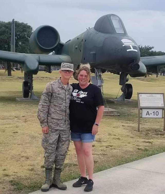 Crystal Young and her son Blake West pose for a photo in San Antonio, TX on August 19, 2019 where West graduated with Honors from his Basic Military Training Program. A1C (Airman First Class) West is currently a Crew Chief for the A-10 Warthog, stationed overseas until September 2023.