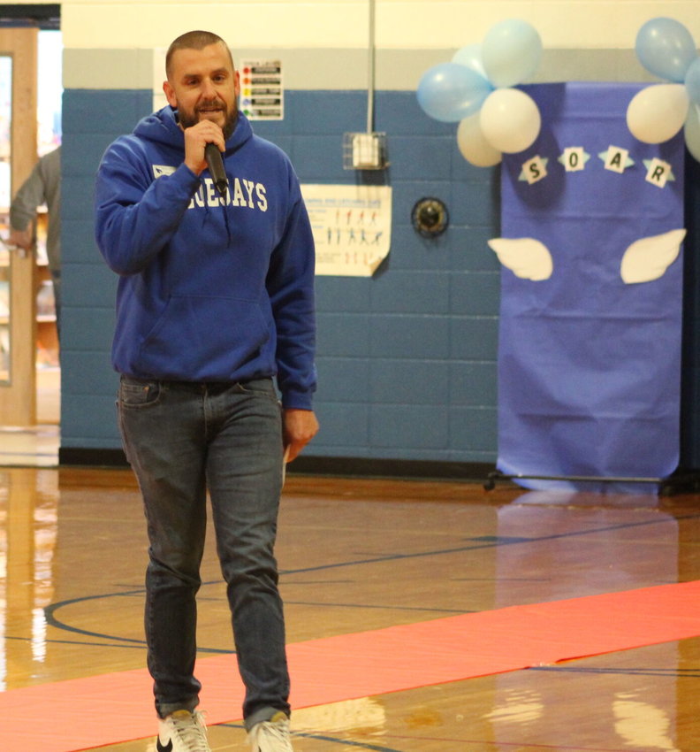 Principal Curt White greets everyone at the first ever Soaring BlueJays assembly.&nbsp;   Mail Photos by John &quot;J.T.&quot; Jones