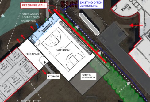 The pictured diagram shows where the school&rsquo;s new safe room would be located on the east campus between Shook Elementary and Marshfield High School.   &nbsp;   Contributed photos