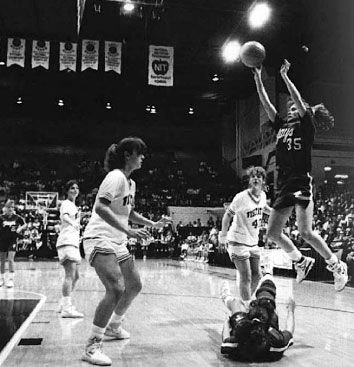 Melody Howard (35) launches a midrange jumper from the corner in the Lady Jays’ thrilling 55-52 win over Visitation Academy in the 1989 Class 3 state championship. The win gave Marshfield its second straight state title, and moved “The Streak,” to 64 games in a row.
