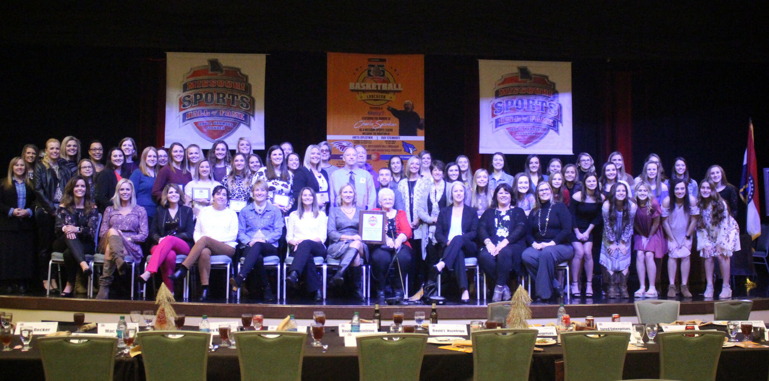 Former and current Marshfield High School Lady Jays Basketball players and coaches gather for a picture following the program’s induction at a Missouri Sports Hall of Fame ceremony in 2019. 