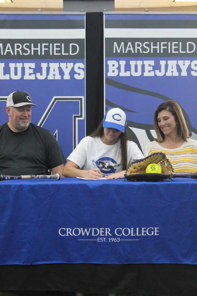 Aluara Padgett, Marshfield, signs to play softball at Crowder College on Wednesday, Nov. 10. Padgett has been a part of the Marshfield High School softball program for four years as well as the Lady Jays basketball team. Padgett earned first team All-Conference and All-District honors as an infielder.