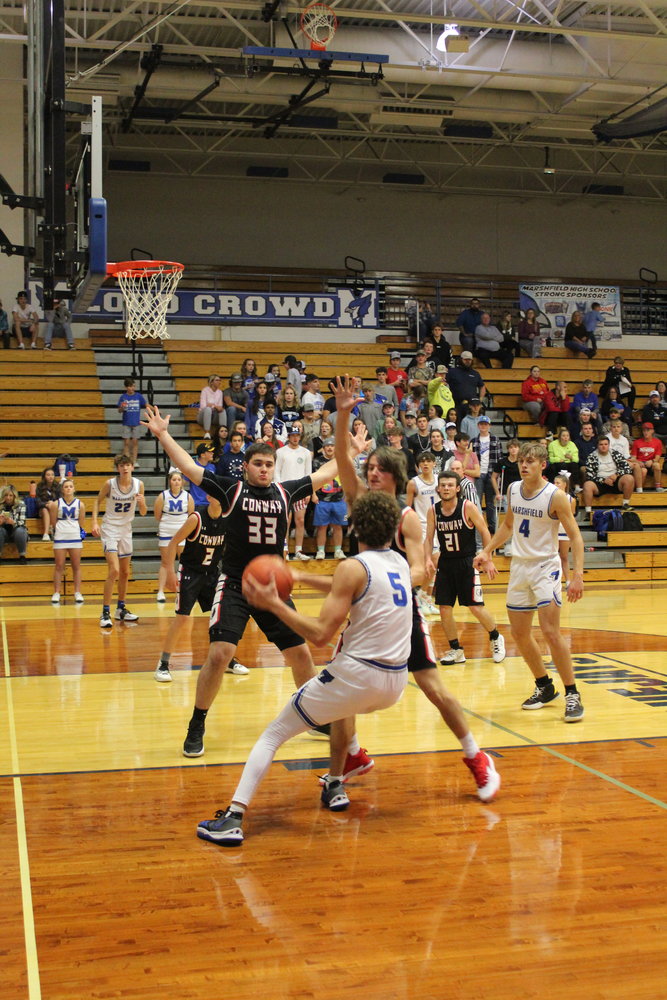 Senior Owen Curely pictured maneuvering through Conways defense. Owen contributed 13 points for the Jays.
