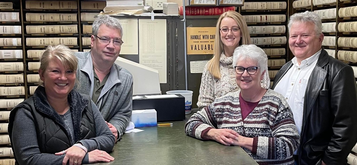 Pictured left to right: Kally Wright, David Mudd, Megan Evans, Lawrence County Recorder of Deeds Pam Robertson and past two-term Recorder for Webster County, Stacy Atkison. Atkison has helped lead nearly 100 counties to e-record documents in the 12 years since he served as Recorder. He will file to run for the familiar office in February.