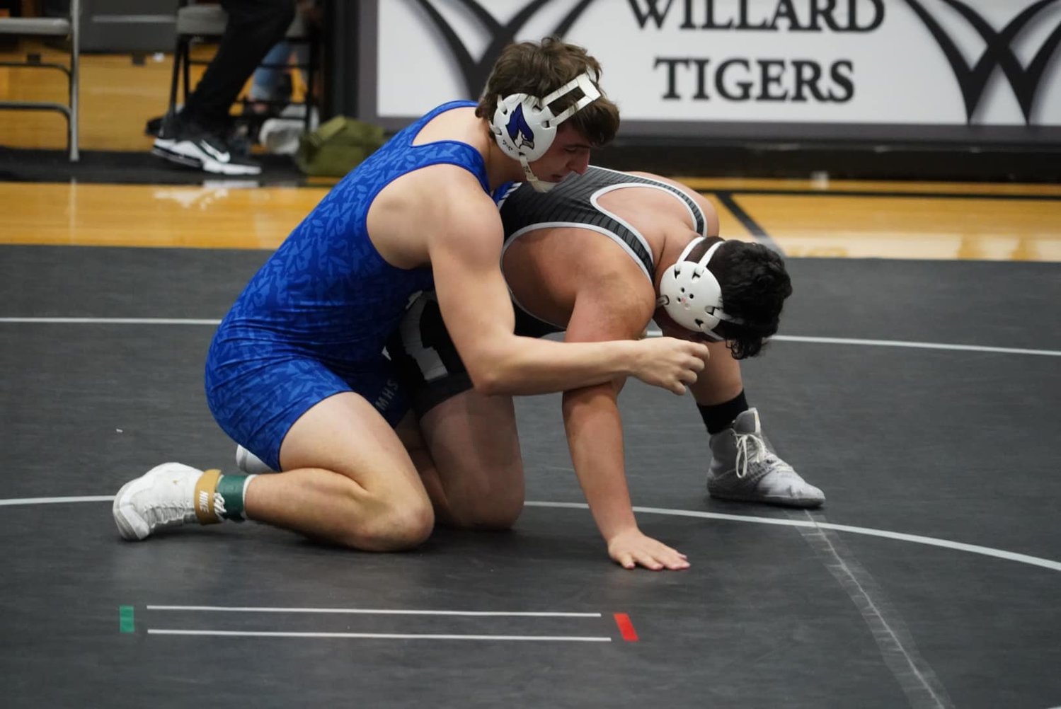 Senior Maguire Wilson during his match in the 285 weight class. Wilson placed 1st and scored 23 team points. The team ended the day 4 points away from receiving a team trophy.