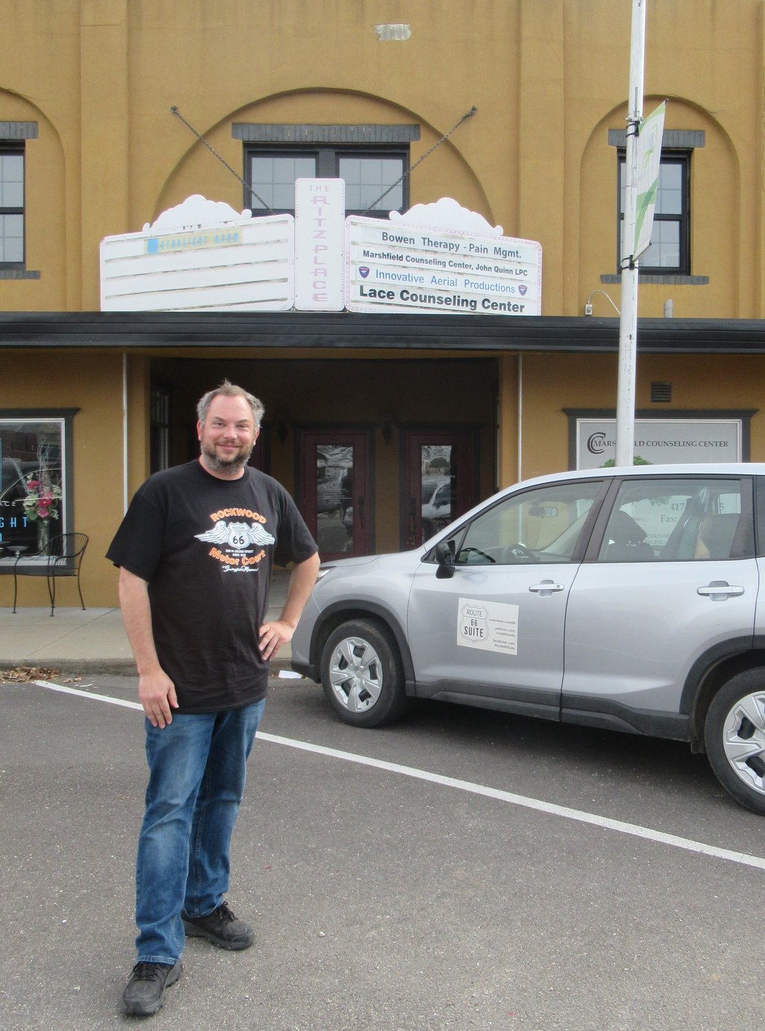 Dr. Nolan Stolz swinging by Marshfield’s Ritz Place Starlight Room, formerly known as the Ritz Theater. The theater opened in 1919 offering 10¢ giant-size popcorns and popular movies to locals and commuters traveling Route 66.