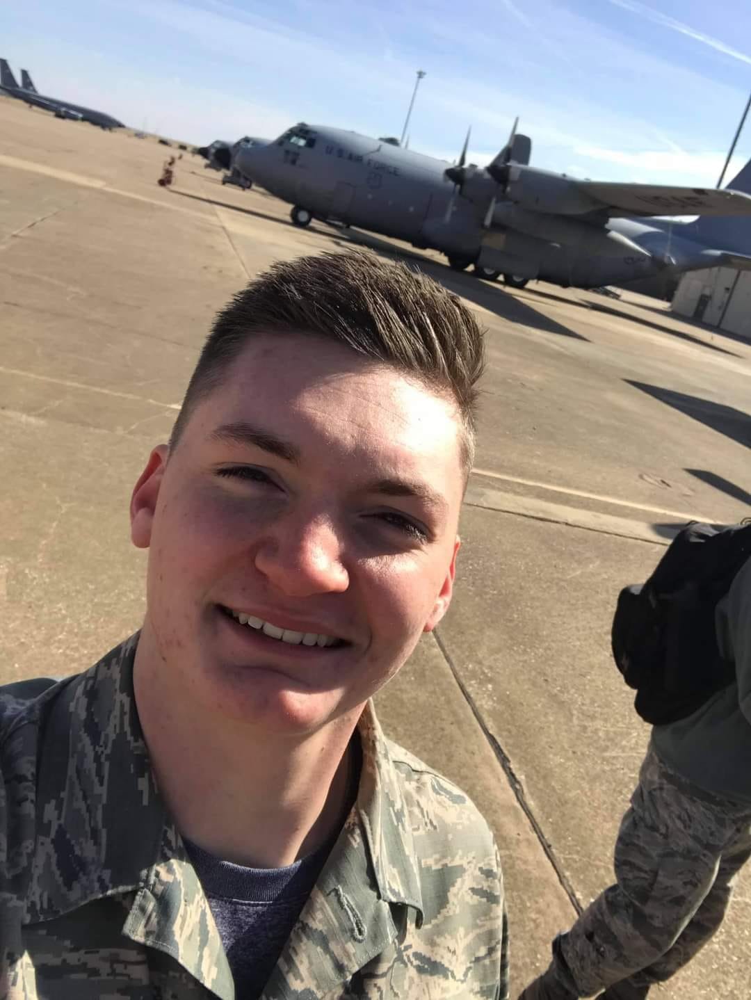 Senior Airman Pike. USAF, Crew Chief, C130s. Has served almost 4 years. Son of Betsy Sandbothe.
