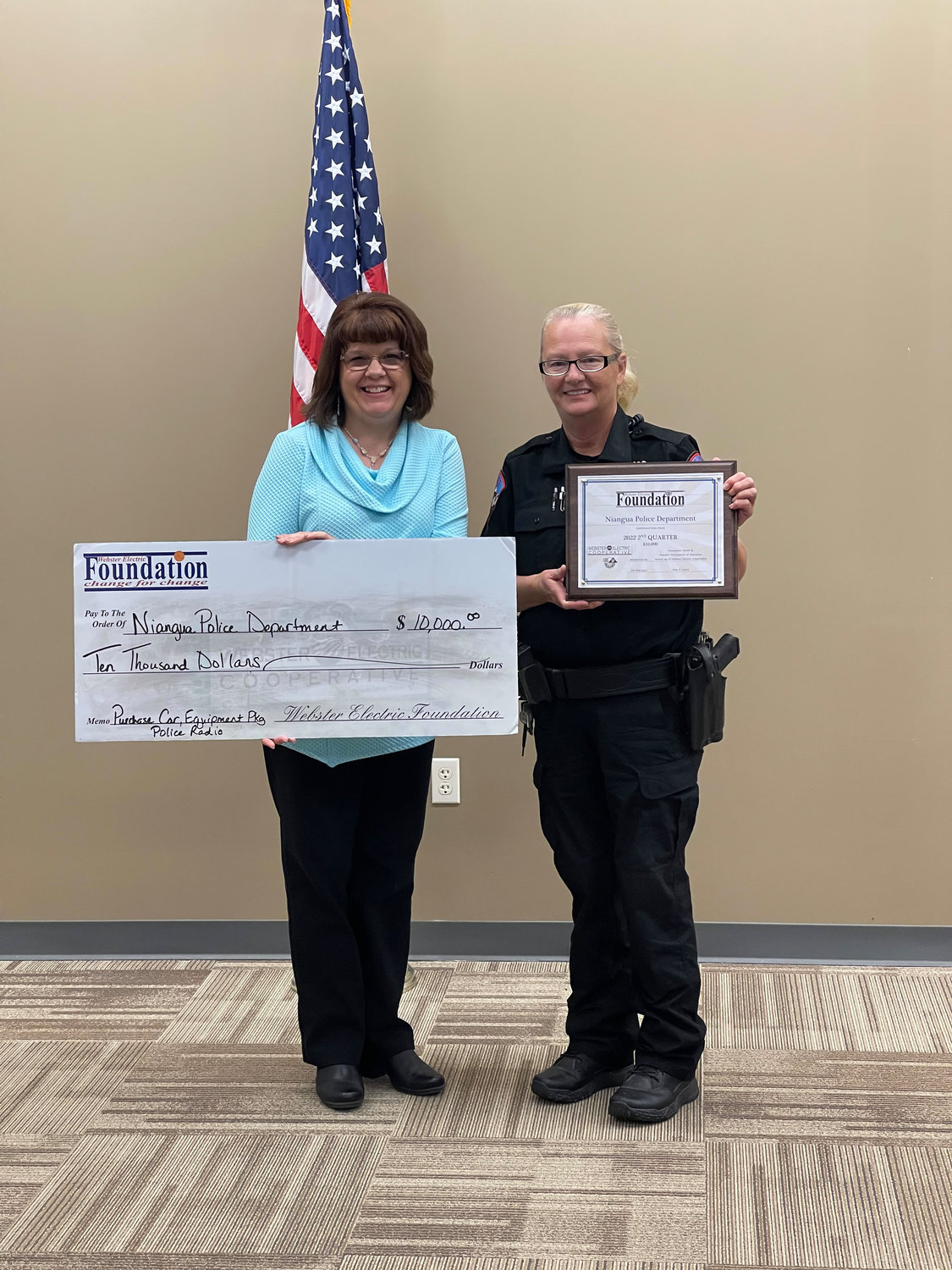 Officer Deckard accepts the award for the Niangua Police Department. The department received a grant in the amount of $10,000 that will be used in conjunction with another grant from the Law Enforcement Block Grant to purchase a new patrol car and the equipment to go with it.