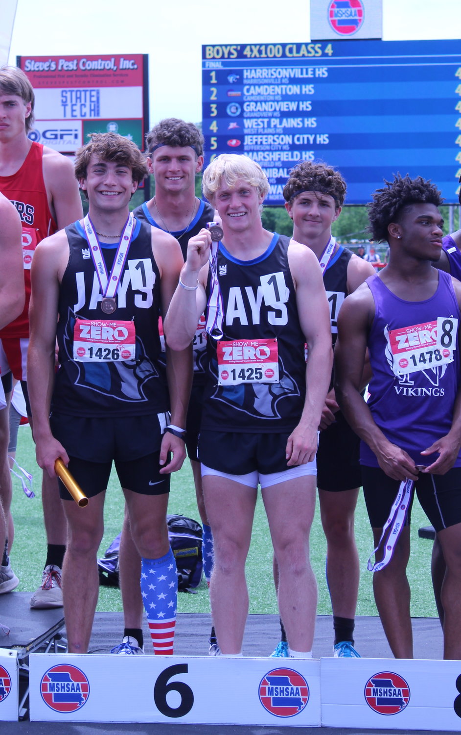 Both the 4X100M(6th) and 4X200M(5th) relay teams earned top spots on the podium at the MSHSAA Class 4 Track and Field Championship. (Front row, left to right) Peyton McBride and Cooper Kimrey. (Back row, left to right) Bryant Bull and Marcus Blackstock.