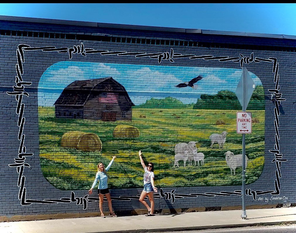 (Left to right) Local artist Samantha Cox and Shabby Sheep Boutique owner Lorissa Ellis stand in front of the newest mural in Marshfield: a tribute to farm life, the frontline and Ellis’ business.