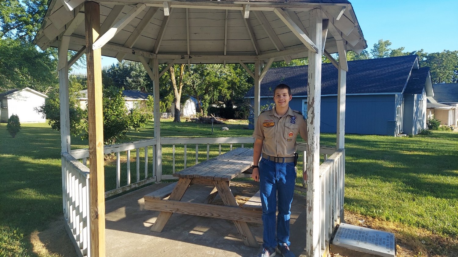 Originally built nearly 30 years ago by another Boy Scout, Logan wants to pay respect to his brother in scouts by restoring the gazebo and picnic table. To raise funds for the project a car wash will be held at O’Reillys in Marshfield on July 17 from 12:00 p.m. to 3:00 p.m.