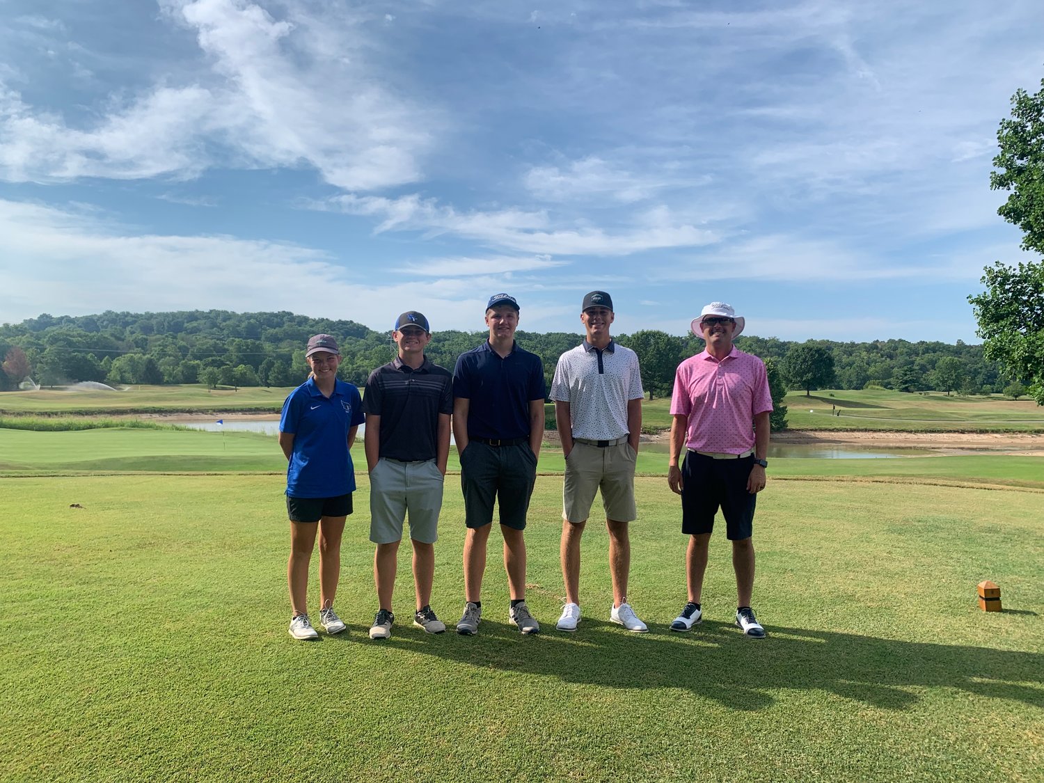 High school golf team members got a chance to learn and spend time with a real professional golfer. Talk about a hole in one! From left to right: Marlee Edgeman, Michael Alves, Wyatt Davis, Luke Gardner, and Mark Budler