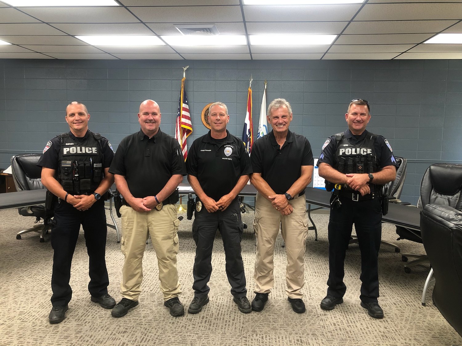 Marshfield’s Finest stands together as they welcome a Rick Hamilton as their newest on-reserve detective. “We are so lucky to have Hamilton, he has about 25 years experience. He is known for having a pretty hard work ethic and being thorough. We are very grateful, and all our guys are supportive,” shares Marshfield Police Chief Doug Fannen. Pictured from left to right: Officer Josh Burris, Detective Joe Taylor, Chief Doug Fannen, Reserve Detective Rick Hamilton, and Sergeant Richard Neal.