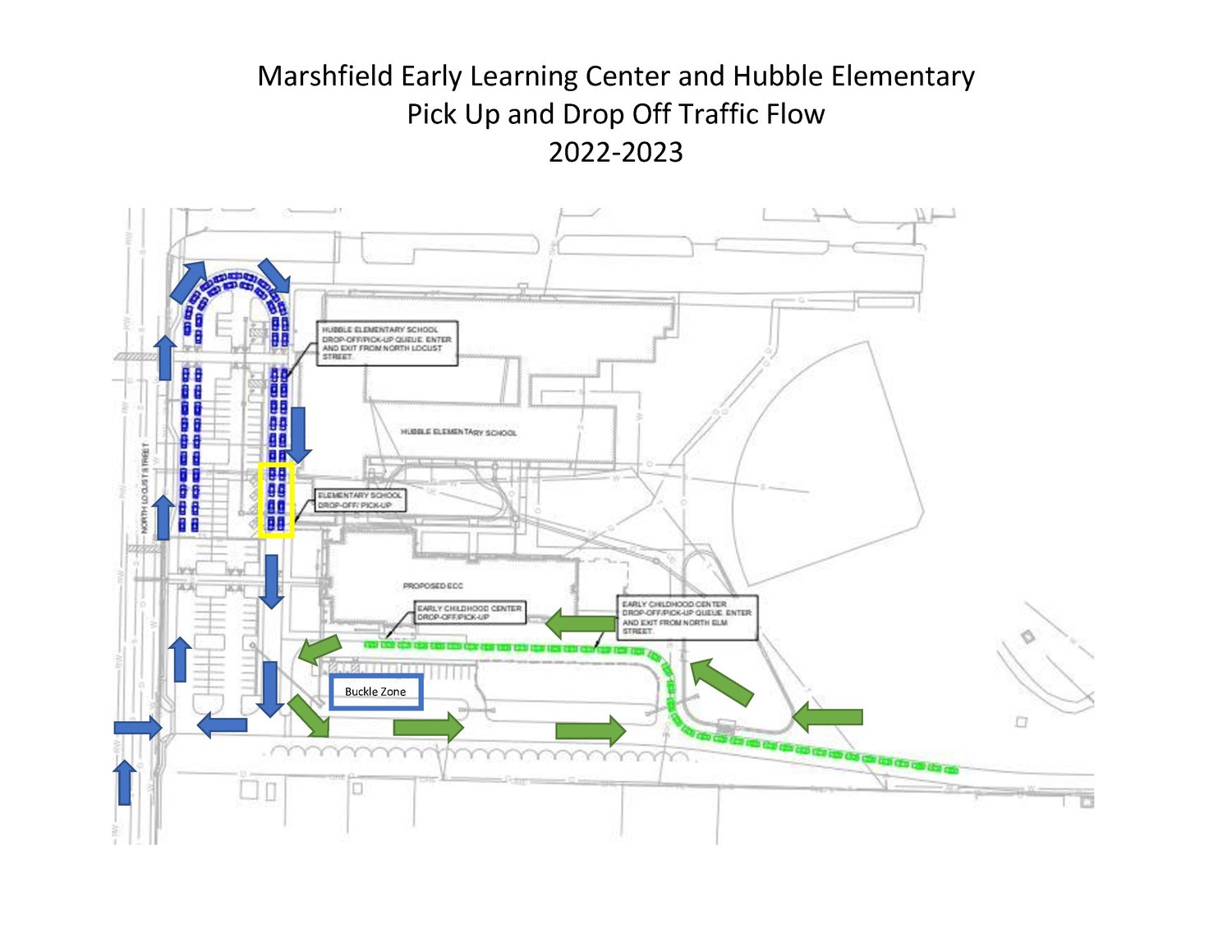 The map instructs parents of Pre-K to 1st-grade students attending the Early Learning Development Center and Hubble Elementary to use the following routes at the start of the school year. If your child is enrolled in Kindergarten or 1st grade, you will use N. Locust Street to pick up/drop off. If your child is enrolled in Pre-K, you will use N. Elm Street to pick up/drop off.