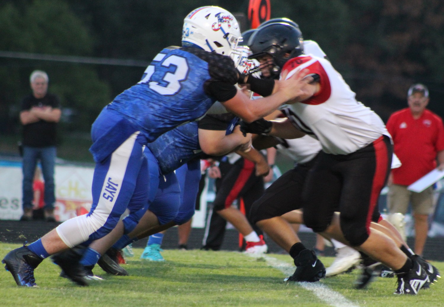 #53 Jagger Robinson squares off against Lamars Offense as he and the rest of the Jays' defense try to stop the Tigers from gaining years.