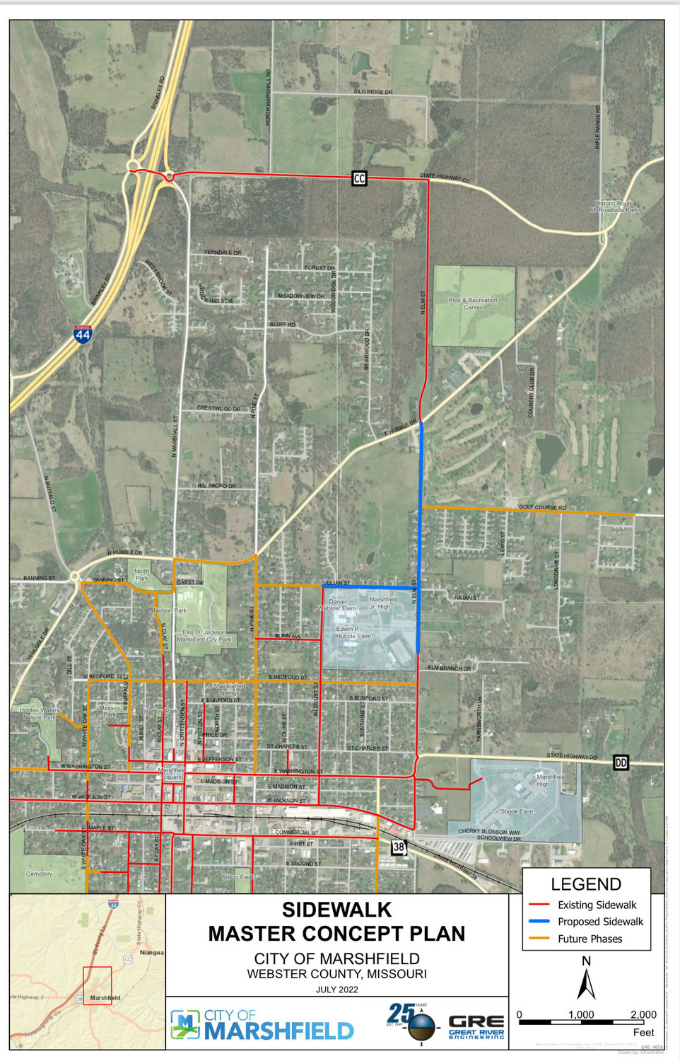 The map above shows the current, upcoming and goal sidewalks for the City of Marshfield. Red lines show existing sidewalks in Marshfield, blue lines are the proposed sidewalks to be installed with the TAP grant funds. Orange lines are future sidewalk plans the city has.