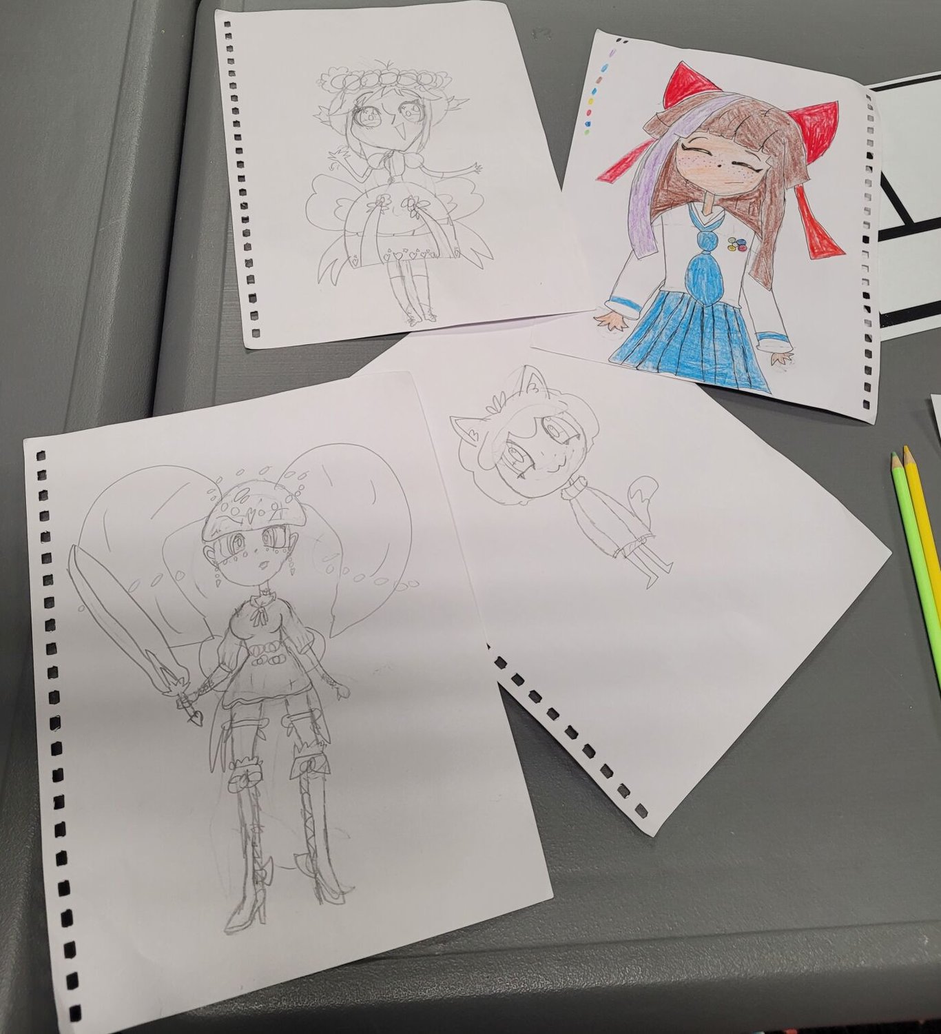 Art created by local teen artist and Tomodachi club member Alyssa. The artist is inspired by much different anime and manga, from Sailor Moon to Bleach. There is something for everyone who is a fan of Japanese Culture. 