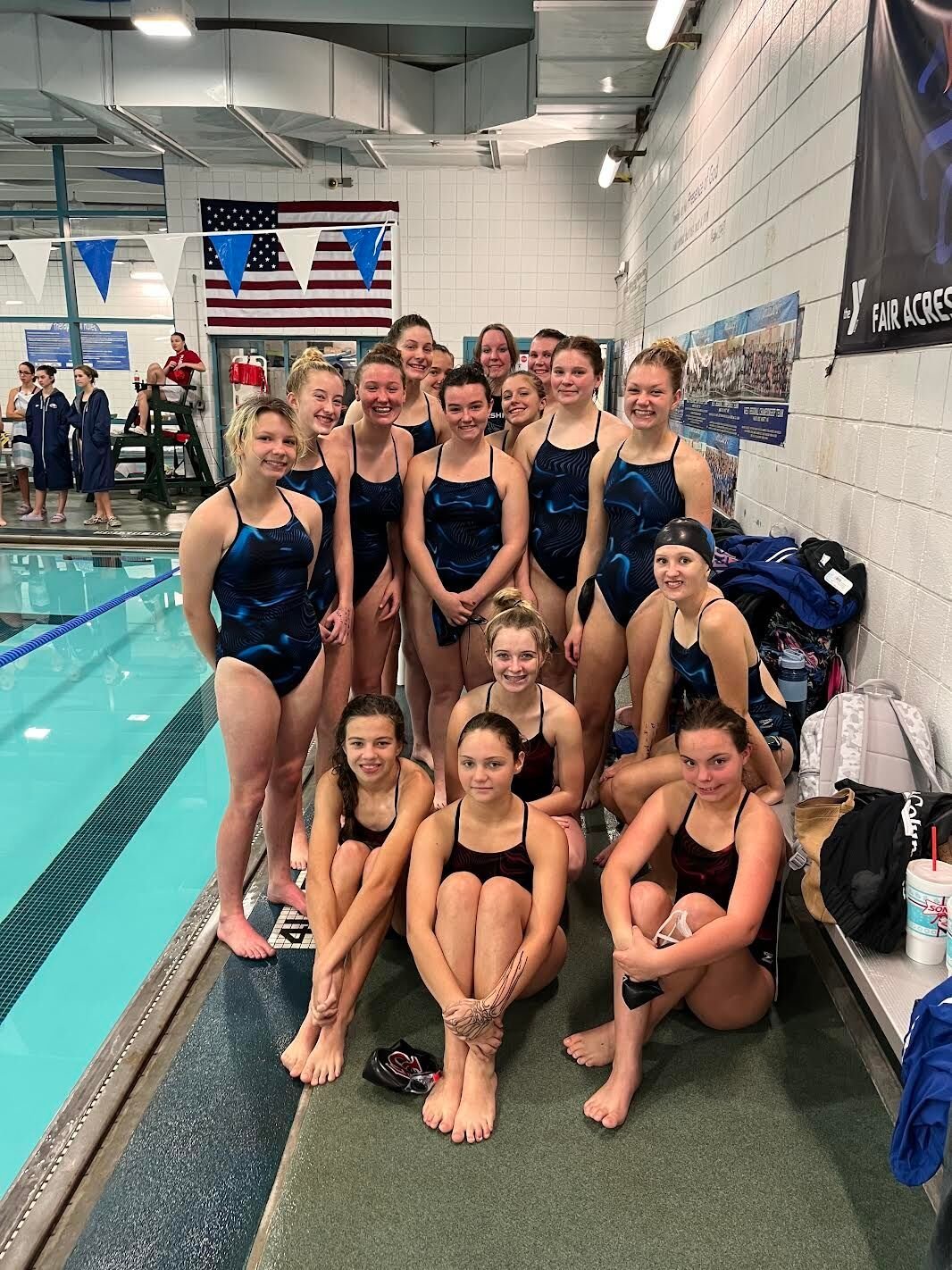 The Marshfield and Seymour swimmers are all smiles before the All Relays meet.
