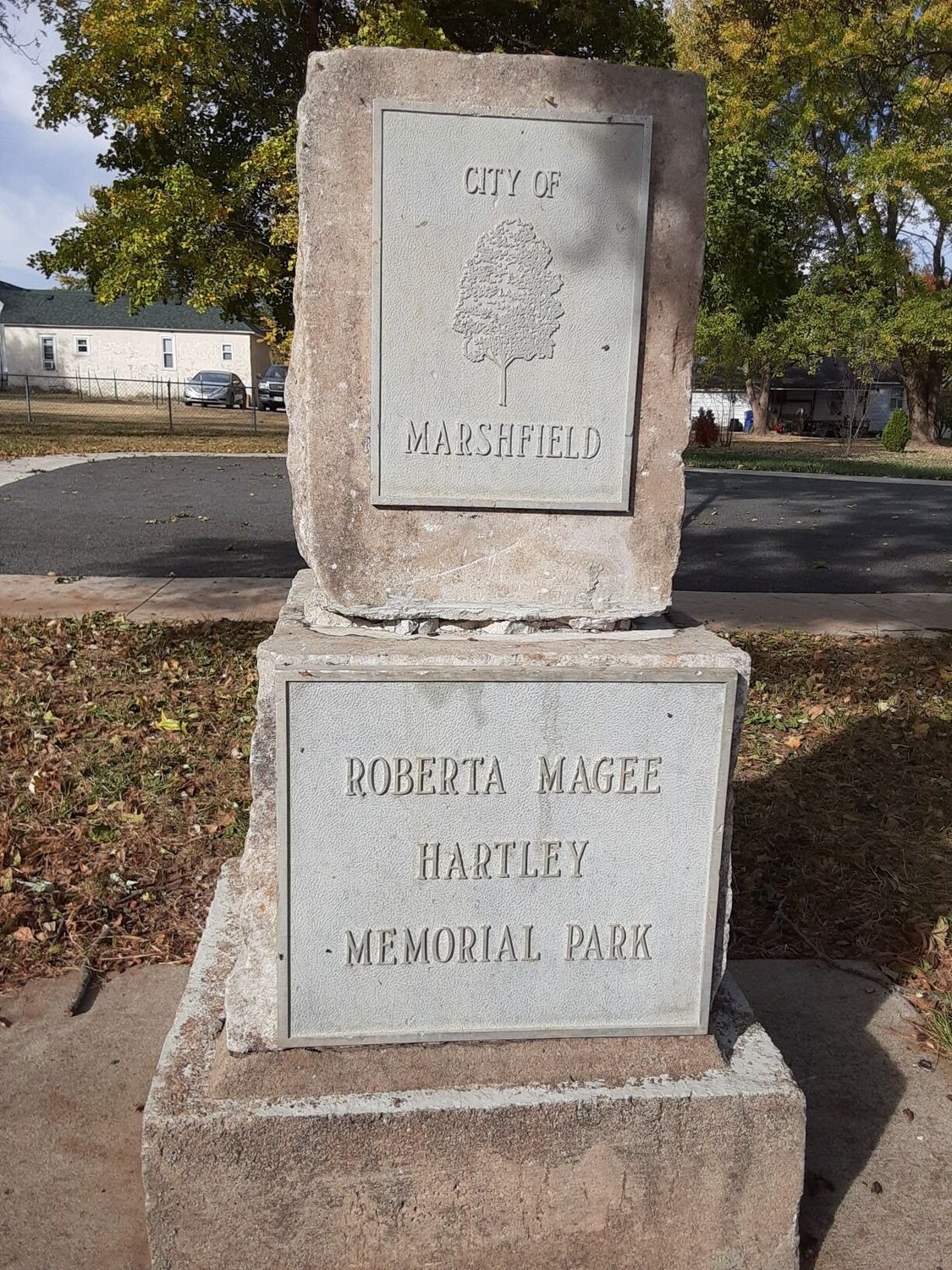 Monuments in Roberta Magee Hartley Memorial Park and Site of Original Cemetery in Marshfield showing need for resealing.


Contributed Photo by Linda Blazer