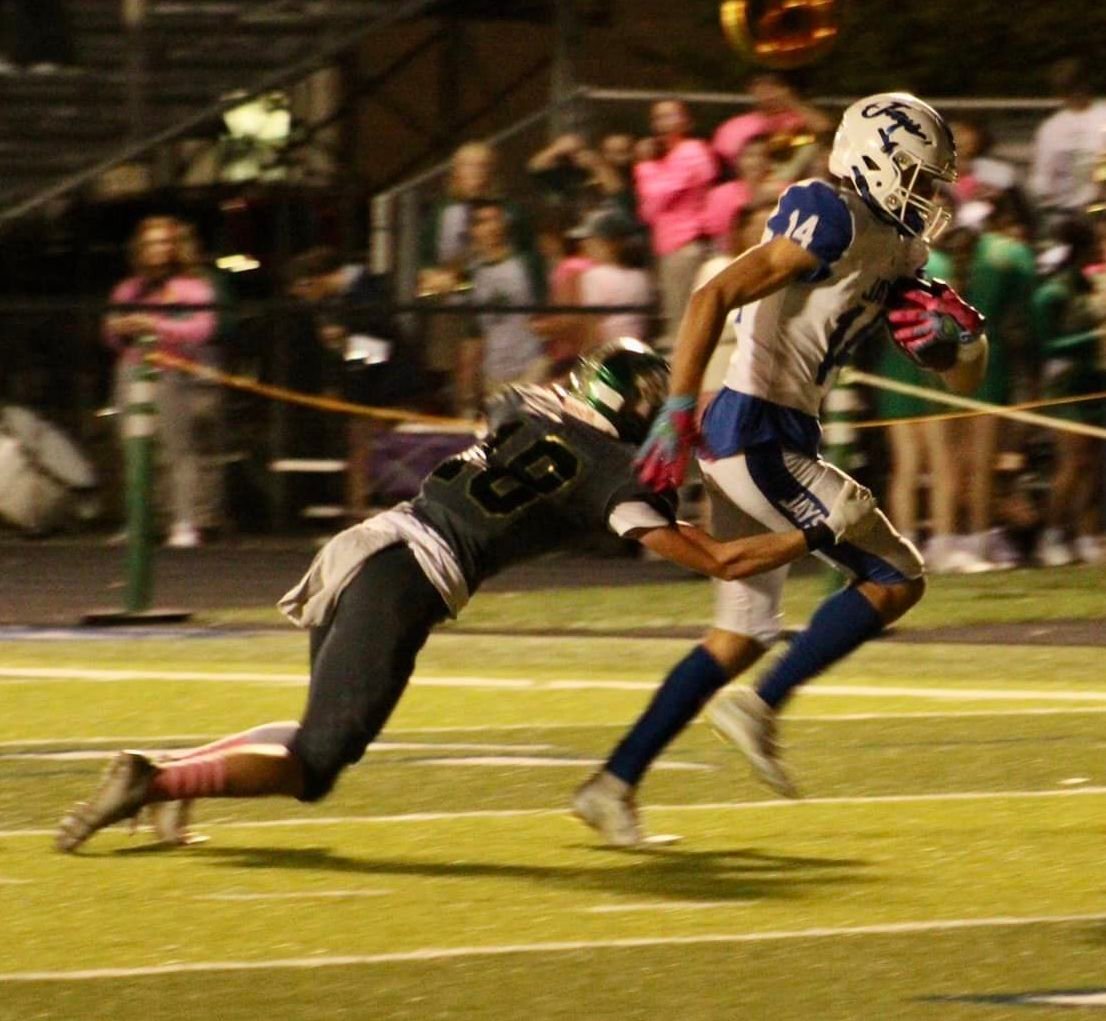 Senior Joe Harles just mere feet away from scoring the second of many touchdowns for the Jays. The Jay would dominate Springfield Catholic with a total score of 38-7. Photos Contributed by Shelly Hickson-Condon.