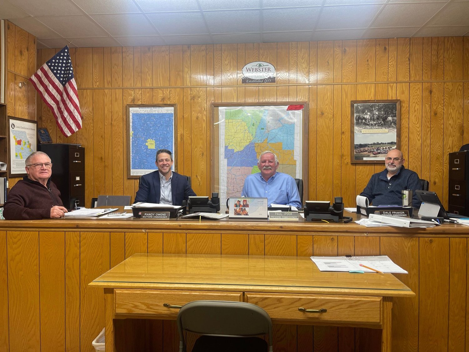 Pictured left to right: Southern Commissioner Randy Owens, Prosecuting Attorney Ben Berkstresser, Presiding Commissioner Paul Ipock, Northern Commissioner Dale Fraker and County Clerk Stanley Whitehurst.
