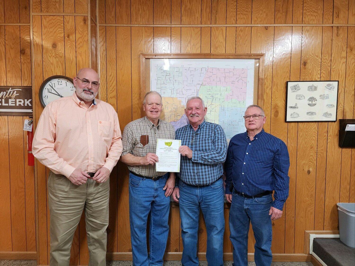 The Webster County Farm Bureau also visited the Webster County Commissioners office to receive an official proclamation celebrating Thank a Farmers week (Mar. 5 through Mar. 11.).


From left to right, Northern Commissioner Dale Fraker, Bill Messick from Webster County Farm Bureau, Presiding Commissioner Paul Ipock, and Southern Commissioner Randy Owens are seen here.