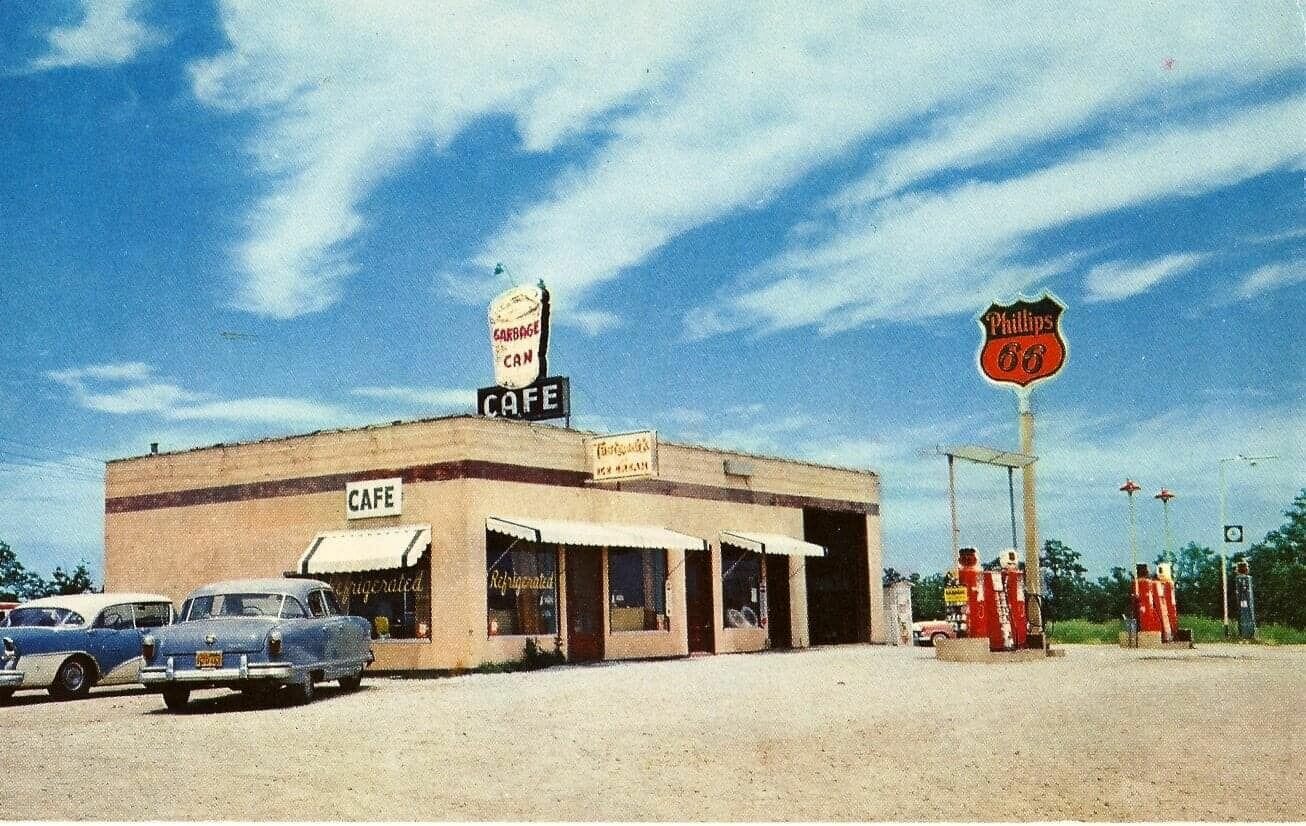 The Garbage Can Cafe and Lowery’s Phillips 66 now sits crumbling off Exit 107 on i-44. In 1951-1972, the restaurant sat alongside the four-lane Super 66. The gas pumps and parking lot were removed when 44 was paved in ’72.