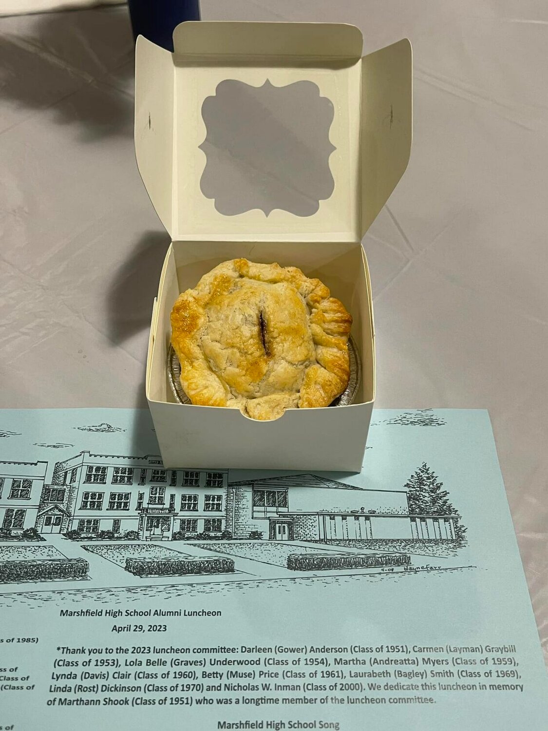 Pies made with the Garbage Can Cafe's world-famous cherry pie recipe were served at this year's Marshfield School Alumni Luncheon at the Cherry Blossom Festival.