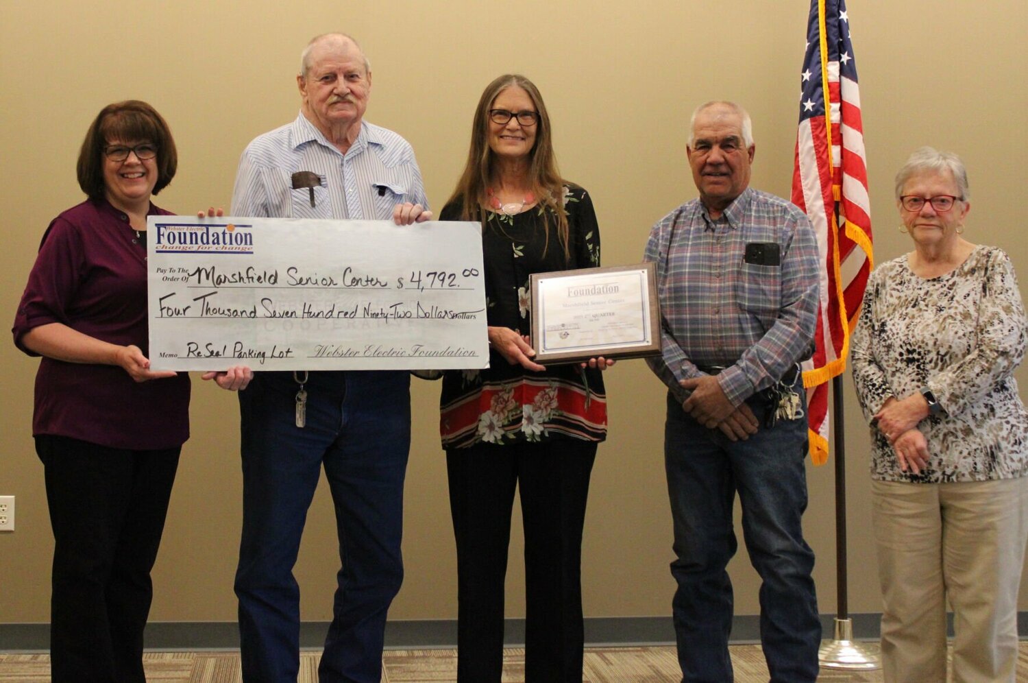 Board members from the Marshfield Senior Center received a grant from the Webster Electric Round-Up.


Starting left to right after Holdman are Dan Wheeler, Chris Parker, Dean Rainey, and Martha Sheppard.


The Center received $4,792 that will be used to reseal its asphalt parking lot.
