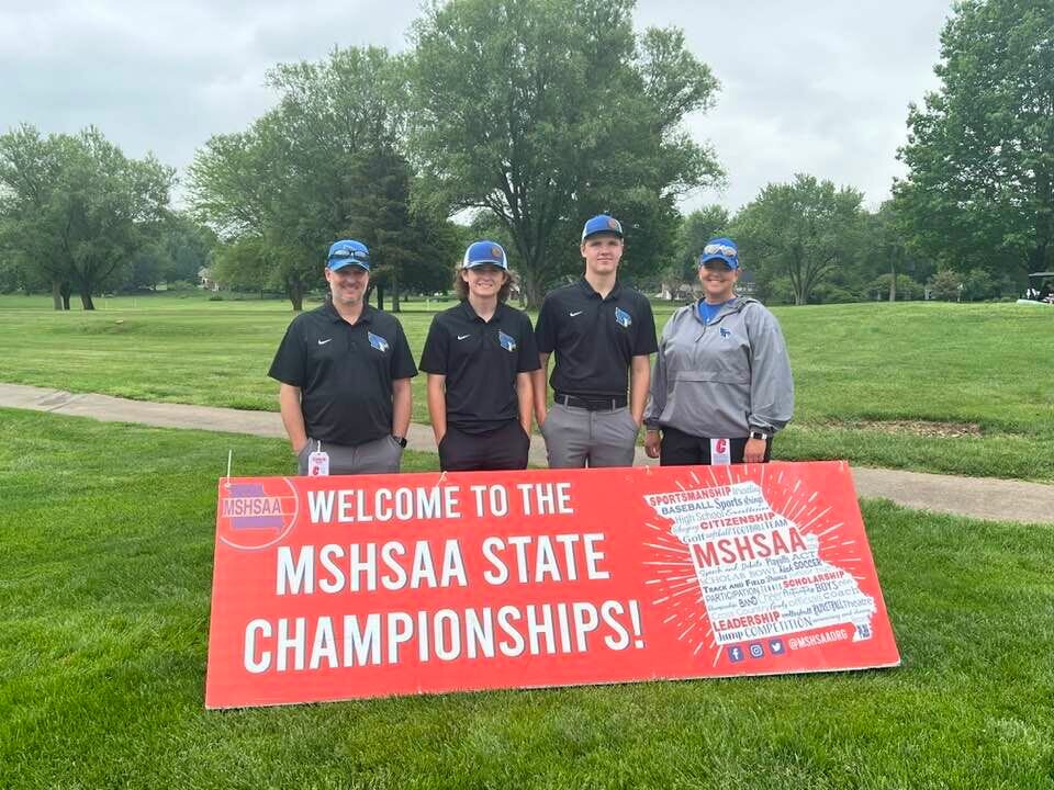 Marshfield golf is pictured at the state tournament by (left to right) Head Coach Reggie Smith, Michael Alves, Wyatt Davis and Coach Cheratin Dunn.


Contributed photo