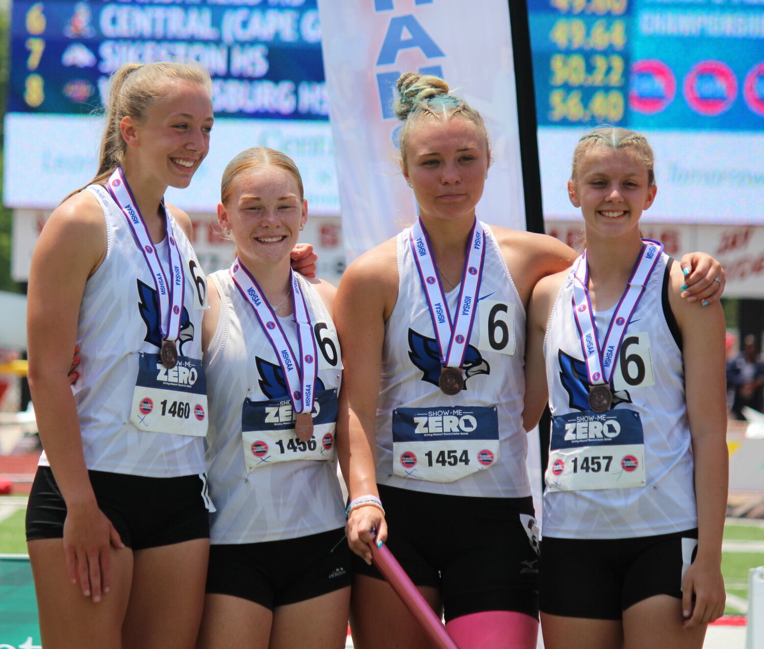 The Marshfield Girls Relay team stand proud after placing fifth in the 4x100-meter relay event during the MSHSAA Track and Field State Championship last weekend.


Contributed Photo by Bryan Everson