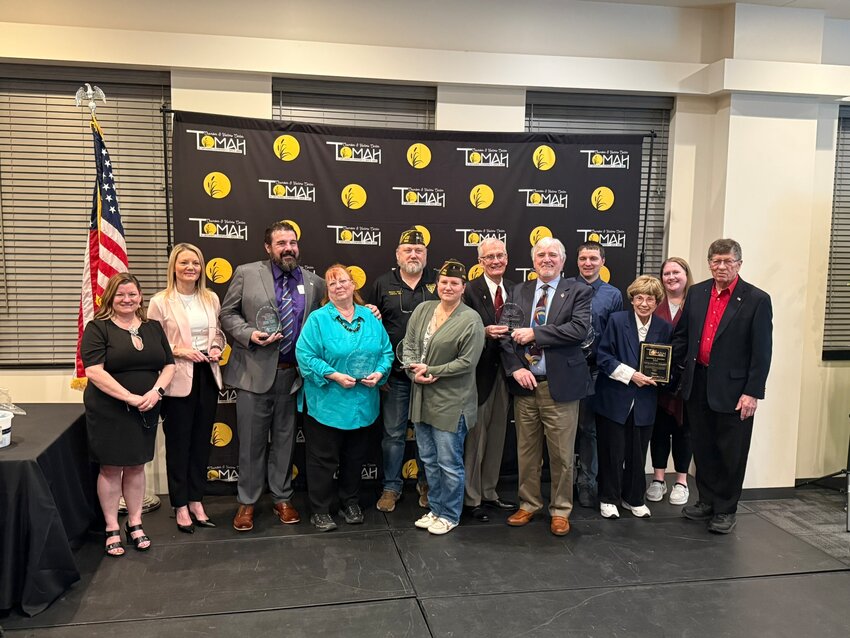 Pictured from left to right: Tina Thompson - Tomah Chamber President/CEO; Kristi Roush - Bank First (Chamber Ambassador of the Year Award); Jesse Todd - Family Promise of the Great Rivers (Community Service Award); Pam Buchda - City of Tomah Senior and Disabled Services Director (Community Service Award); Eric Diekman - VFW Post 1382 (Military Member of the Year Award); Melissa Guthmiller - VFW Post 1382 (Military Member of the Year Award); Scott Nicol - Kindness Community (Chamber Member of the Year Award); Tom Flock - Kindness Community (Chamber Member of the Year Award); Oakley Moser - Tomah High School (Educator of the Year Award); Anne Scheckel - Retired Tomah High School Librarian (Mayor's Award); Jenna Moser - Special Needs Community/Tomah Parks and Rec (Rotary's Service Above Self Award); Larry Scheckel - Retired Tomah High School Physics Teacher (Mayor's Award).