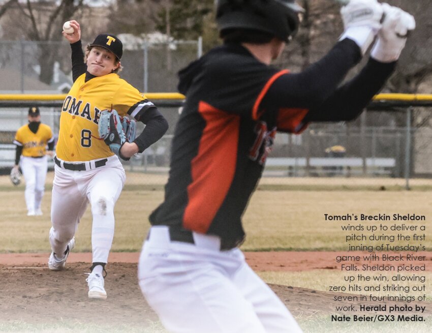 Tomah’s Breckin Sheldon
winds up to deliver a
pitch during the first
inning of Tuesday’s
game with Black River
Falls. Sheldon picked
up the win, allowing
zero hits and striking out
seven in four innings of
work.
