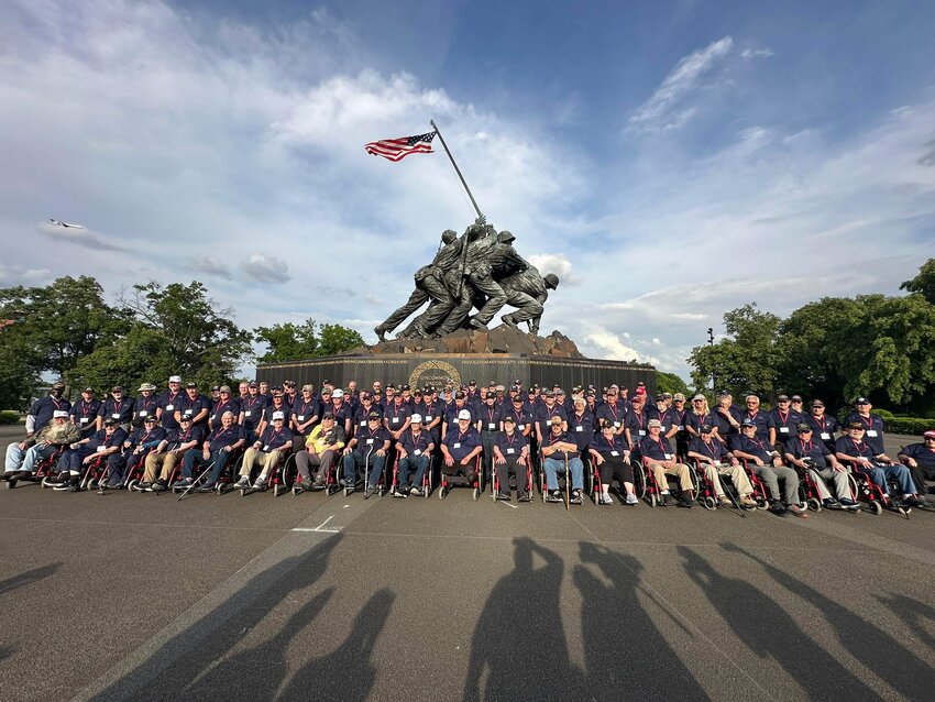 The May 2025 Freedom Honor Flight participants in front of the Iwo Jima Memorial in Washington DC.