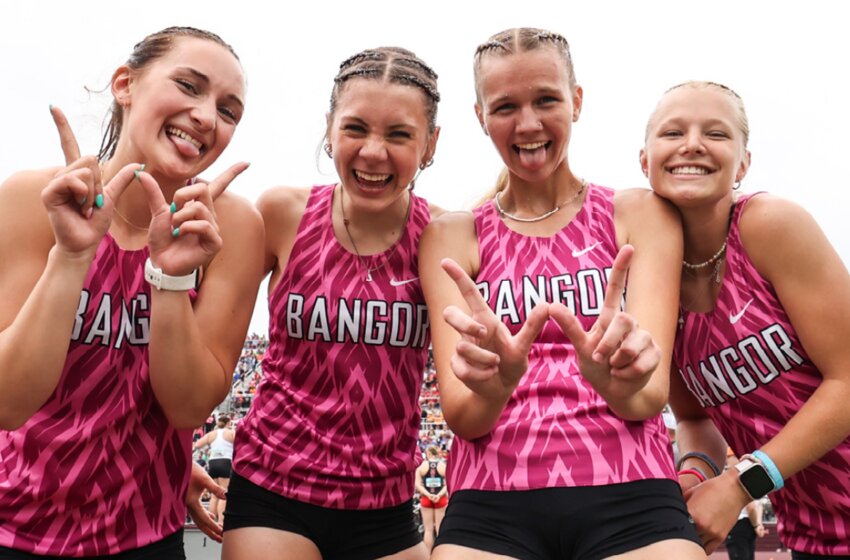 Marin Gasper, Jaycee Michek,
Aubrey Langrehr, and Grace
Wenthold celebrate their third place
finish at the WIAA state track and field
championships Saturday. The relay
ran a time of 1:45.31.