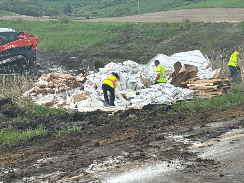 On the afternoon of Thursday, May 9, a semi ended up dumping his cargo in the median on I-90 between Bangor and West Salem. The cargo looked to be pizza dough or flour. Pictured is the clean-up crew.