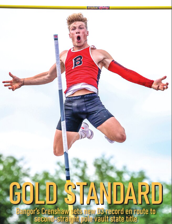 Bangor&rsquo;s Sam Crenshaw  shares a look of  excitement after clearing  16-06 in the pole vault  competition. Crenshaw  won a second-straight  state championship in the  event with the clearance.