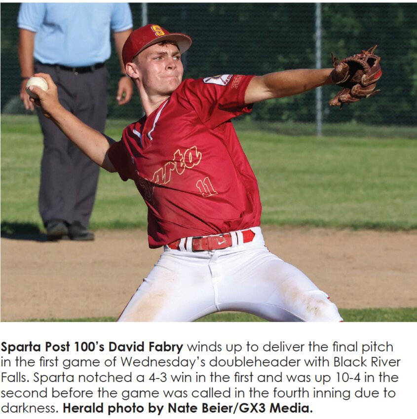 Sparta Post 100’s David Fabry winds up to deliver the final pitch in the first game of Wednesday’s doubleheader with Black River Falls. Sparta notched a 4-3 win in the first and was up 10-4 in the second before the game was called in the fourth inning due to darkness.