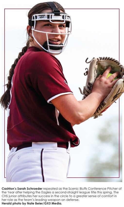 Cashton&rsquo;s Sarah Schroeder repeated as the Scenic Bluffs Conference Pitcher of the Year after helping the Eagles a second-straight league title this spring. The CHS junior attributes her success in the circle to a greater sense of comfort in her role as the team&rsquo;s leading weapon on defense.