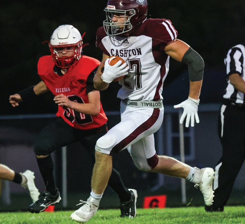 Cashton’s Lane Klinge darts across the field ahead of the Necedah defense for a score during Friday’s game in New Lisbon. Cashton moved to 2-1 on the season with a shutout victory.