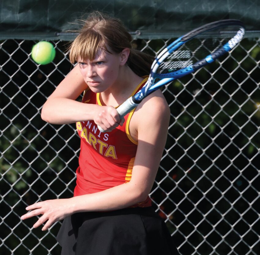 Sparta’s Libby Oswald bats a ball back across the net during Monday’s match with Viroqua’s Leila Hubbard. Oswald moved to 4-1 on the season with a win in straight sets against her VHS counterpart.