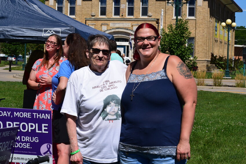 Pictured here are Adell Morton (left) and Megan Urch (right.) At the Overdose Awareness Day event, in front of Monroe County courthouse on August 31st, 2024,  both ladies are reminded of a wonderful grandson and friend, Ty Morton. Ty recently overdosed on New Year's Day 2024, at the young age of 27. Both mourning women talked about what a wonderful man Ty was. Urch recalled Ty being a light in her world that would always make her smile, no matter how silly it made him look. Ty's Grandmother, who kindly shared her story with the Herald, asked us to, 