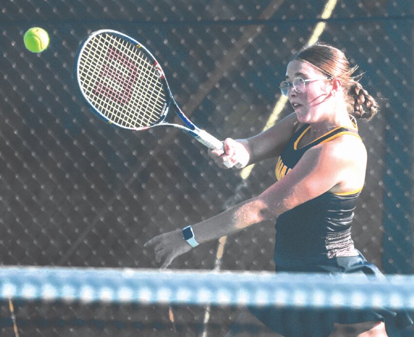 Tomah&rsquo;s Sophia Hayes charges at a ball to make a play during Tuesday&rsquo;s match at Sparta. Hayes and  doubles partner, Lauren Stephens earned a 6-1, 6-3 win over Sparta&rsquo;s Paige Ehlinger and Brenna Johnson.