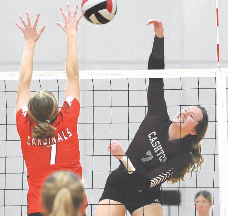 Cashton’s Vivian Dempsey swings to drive a ball past Necedah’s Addisyn Schumer during last week’s 3-2 win over the Cardinals. Dempsey finished with 20total kills.