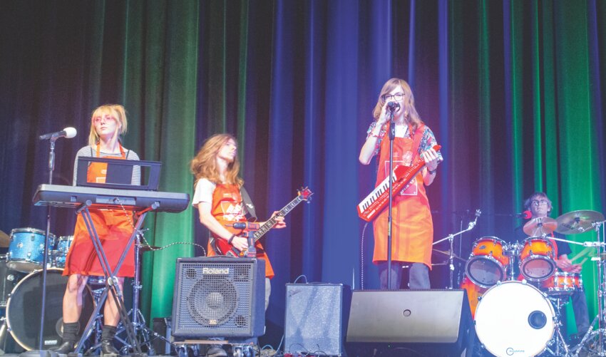 Opening act Wyatt and the Schmucks featuring (left to right) Delia Mathison, Aaron Wisniewski, Wyatt Tripp, Cooper Schaufand, Performing, an original song written by Wyatt.