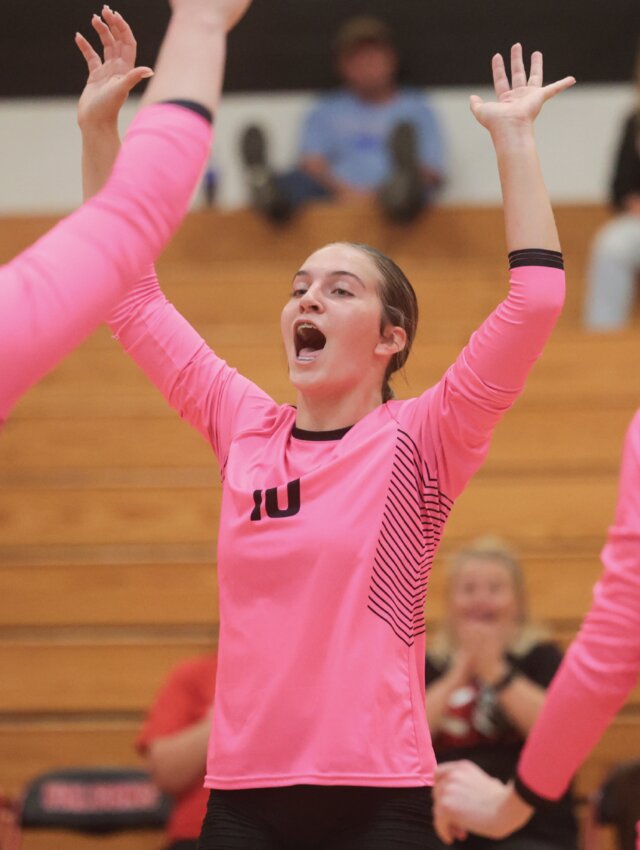 Brookwood’s Calista Zimmerman leads the cheer as the Falcons record a kill during Tuesday’s
Scenic Bluffs Conference match with Wonewoc-Center. Brookwood’s win over the defending
Division 4 state champs was the fifth-straight league win for the team.