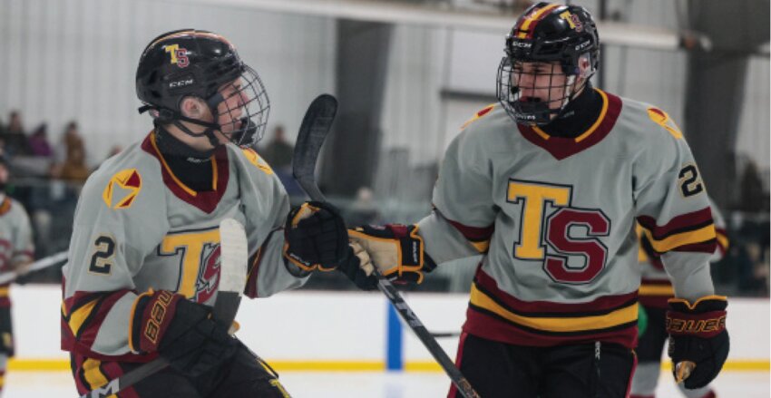 Tomah&rsquo;s Blake Haun is greeted by Sterling Intihar after scoring a goal on a power play  in the third period of Thursday&rsquo;s game with La Crescent-Hokah.