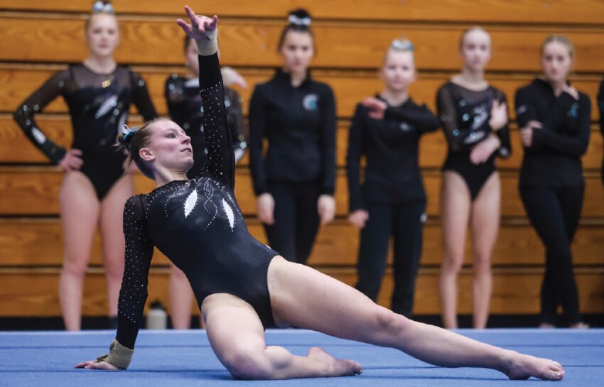 West Salem&rsquo;s Olivia Maki puts the finishing touches on her  floor routine during Saturday&rsquo;s Division 1 sectional at West  Salem.
