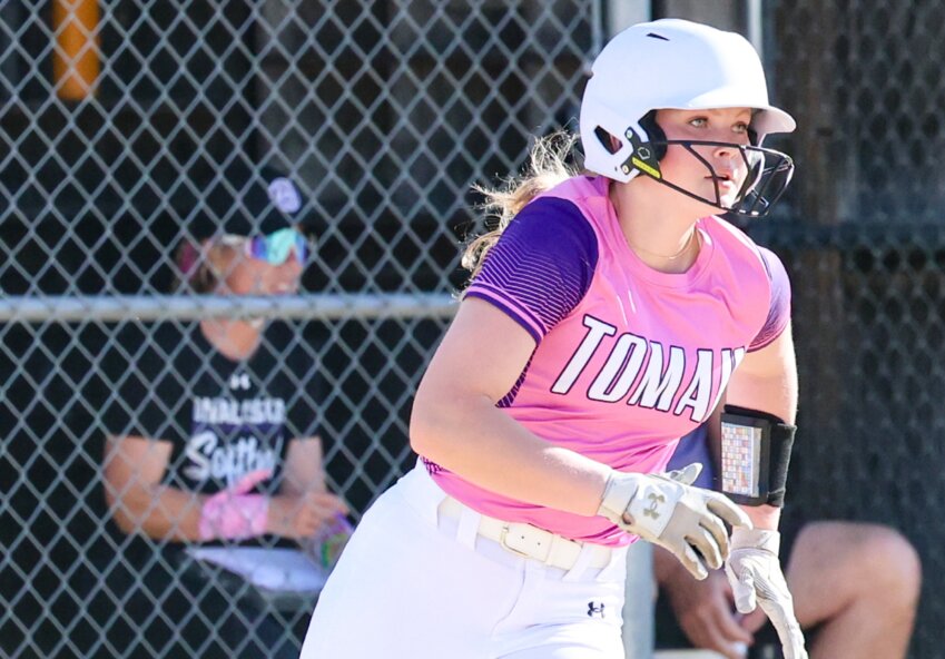 Tomah&rsquo;s Grace Johnson races to second to secure a leadoff double for the home team in Tuesday&rsquo;s game with Onalaska. Johnson would score on a single by Libby Mathison in the ensuring at-bat to give THS an early 1-0 lead.